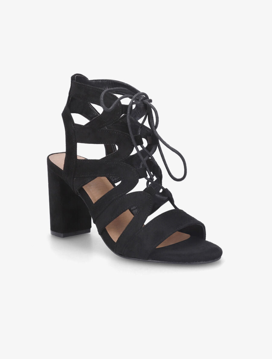 Sandales ajourées à talon en suédine et lacets - Noir - 2