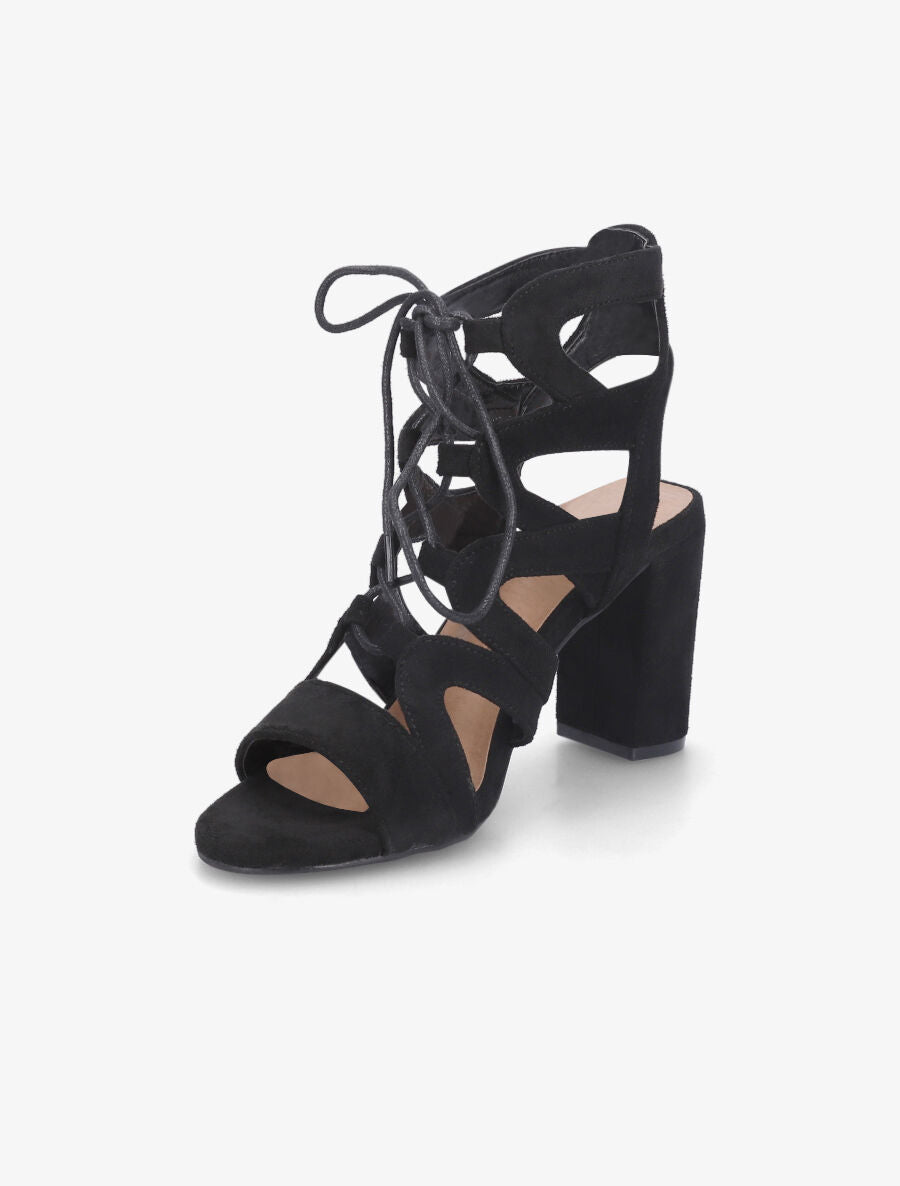Sandales ajourées à talon en suédine et lacets - Noir - 3