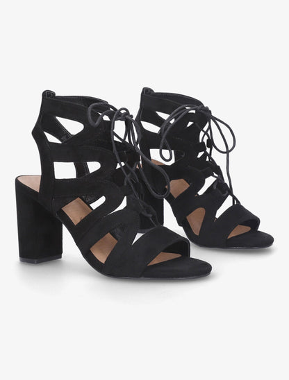 Sandales ajourées à talon en suédine et lacets - Noir - 4