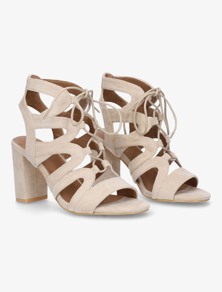 Sandales ajourées à talon en suédine et lacets - Beige - 4