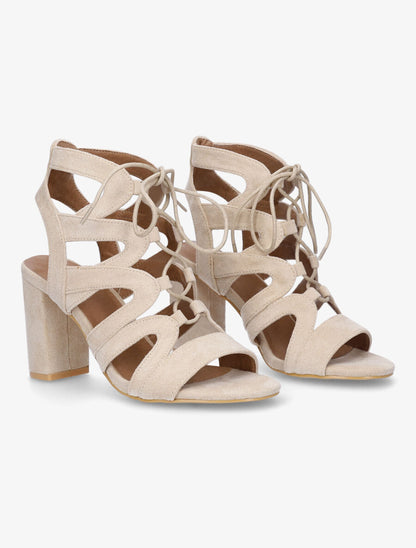 Sandales ajourées à talon en suédine et lacets - Beige - 4