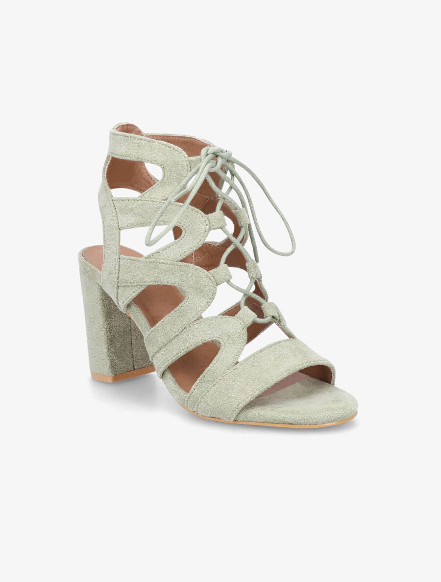 Sandales ajourées à talon en suédine et lacets - Vert clair - 2