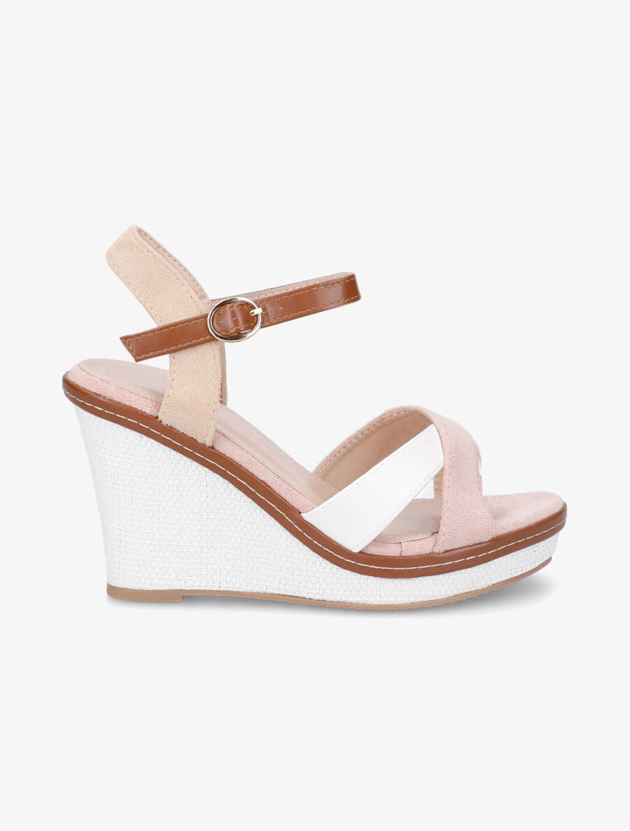 Sandales compensées croisées bi-matière - Rose/beige - 1