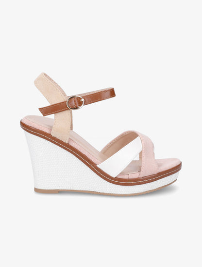 Sandales compensées croisées bi-matière - Rose/beige - 1