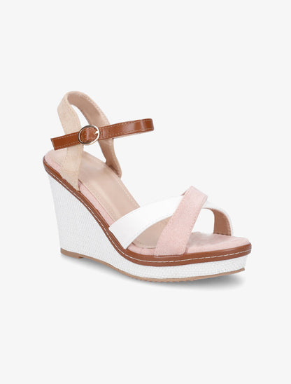 Sandales compensées croisées bi-matière - Rose/beige - 2