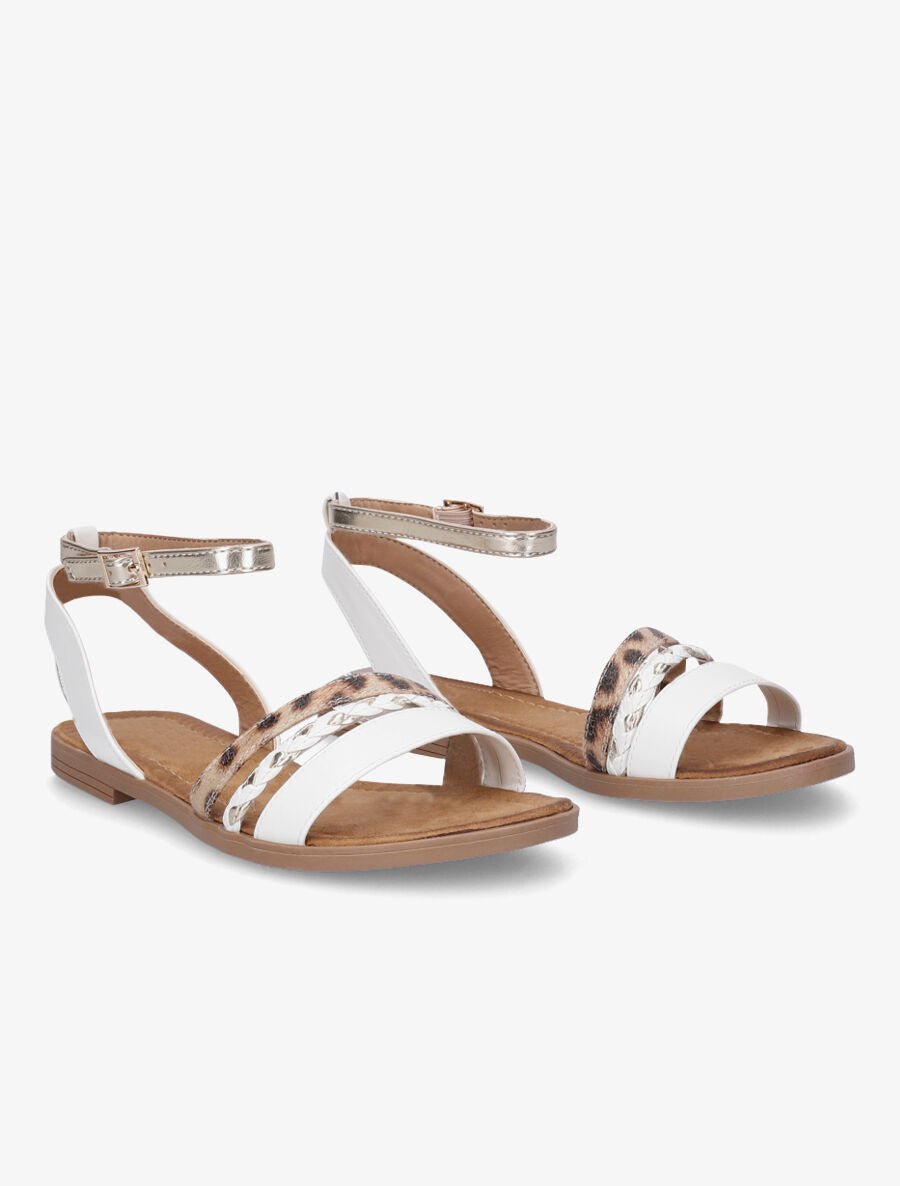 Nu-pieds à triples brides imprimé léopard et tressées - Blanc - 4