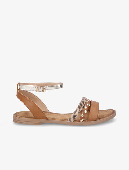 Nu-pieds à triples brides imprimé léopard et tressées - Camel - 1