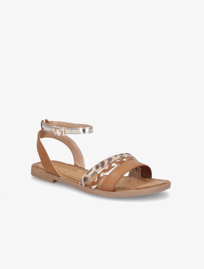 Nu-pieds à triples brides imprimé léopard et tressées - Camel - 2