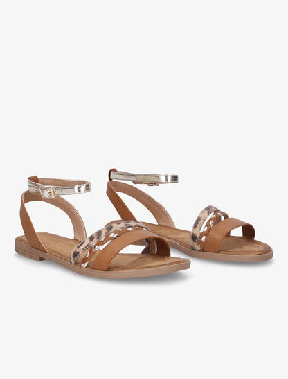Nu-pieds à triples brides imprimé léopard et tressées - Camel - 4