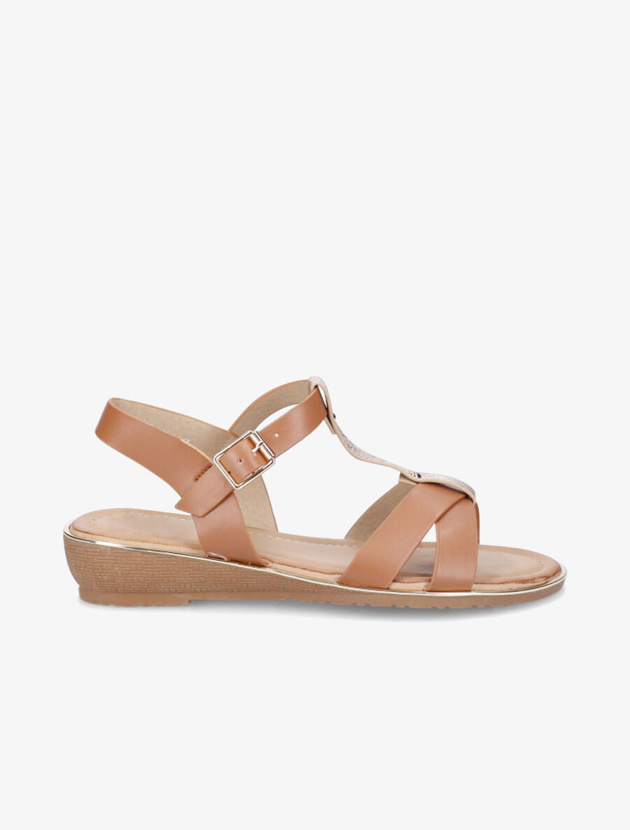 Sandales semi-compensées à bride en T - Camel - 5