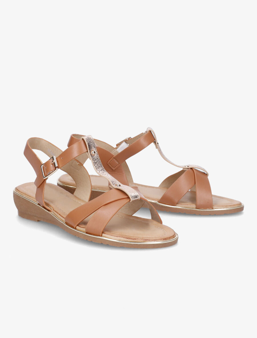 Sandales semi-compensées à bride en T - Camel - 4