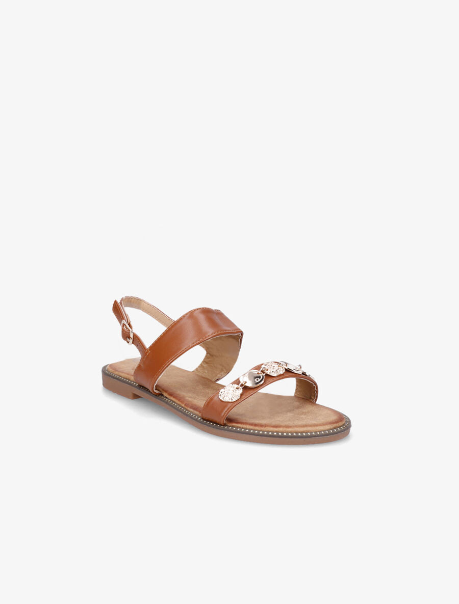 Nu-pieds en simili à empiècement bijoux - Camel - 2
