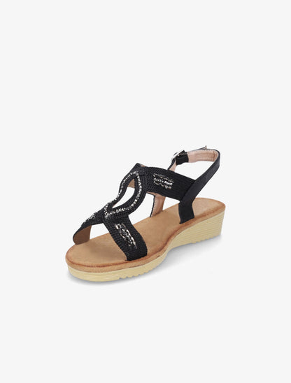 Sandales compensées effet tissé et strass - Noir - 3