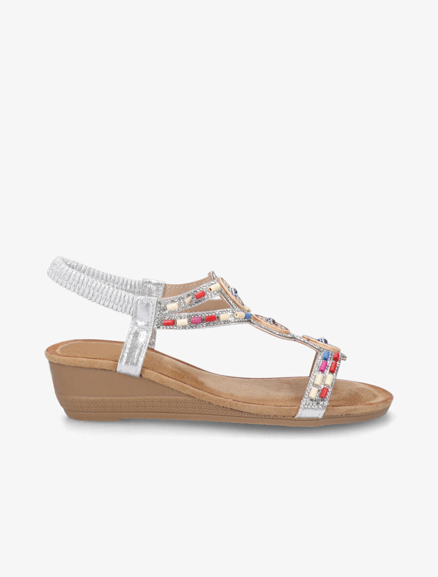 Sandales compensées à strass et perles - Argent - 5