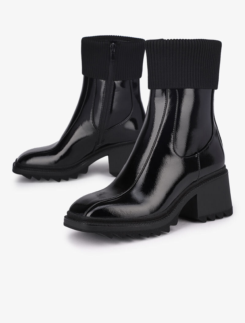 Bottines vernies à bouts carrés et rabats en tissu cotelé - Noir - 4