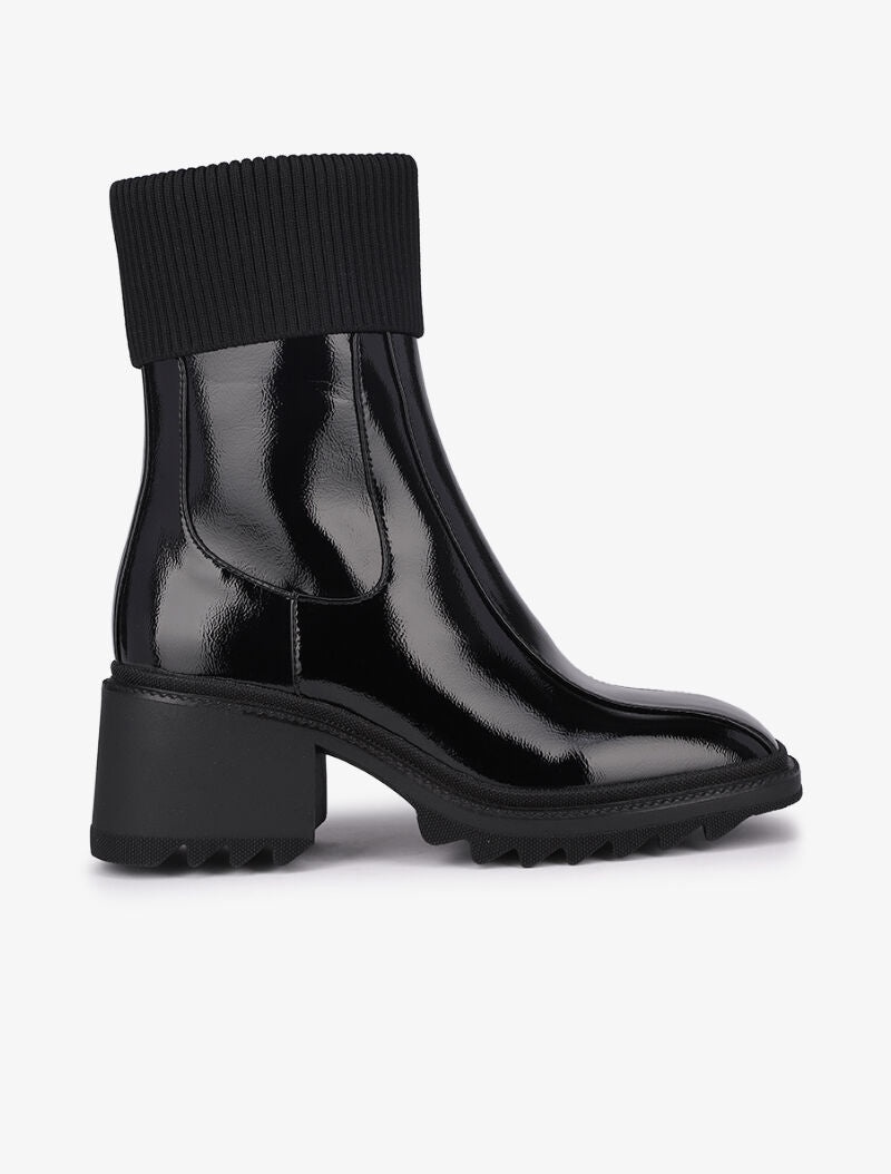 Bottines vernies à bouts carrés et rabats en tissu cotelé - Noir - 6