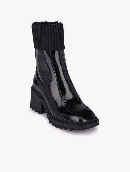 Bottines vernies à bouts carrés et rabats en tissu cotelé - Noir - 2