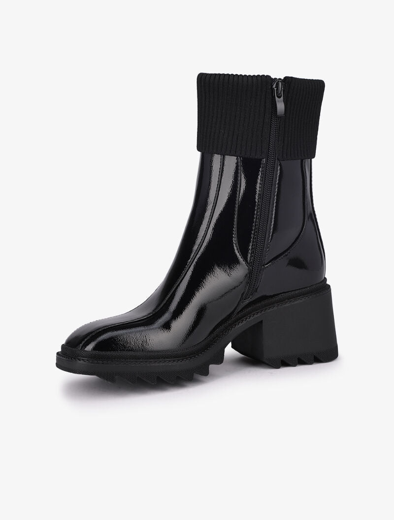 Bottines vernies à bouts carrés et rabats en tissu cotelé - Noir - 3