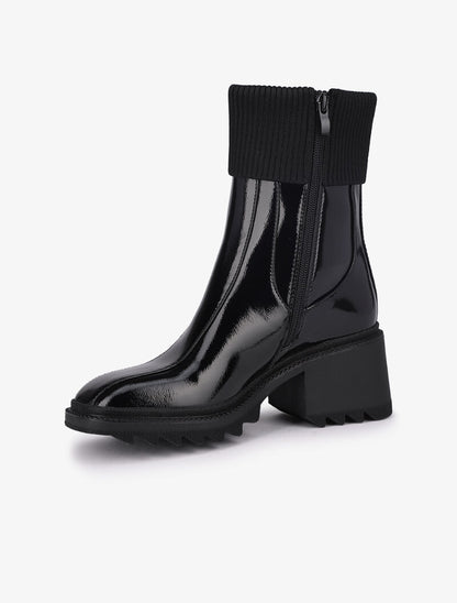 Bottines vernies à bouts carrés et rabats en tissu cotelé - Noir - 3