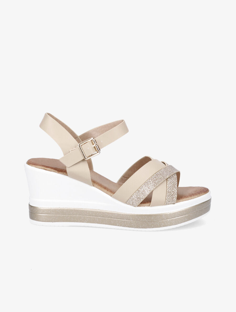 Sandales compensées en simili à ganses irisées - Beige - 1