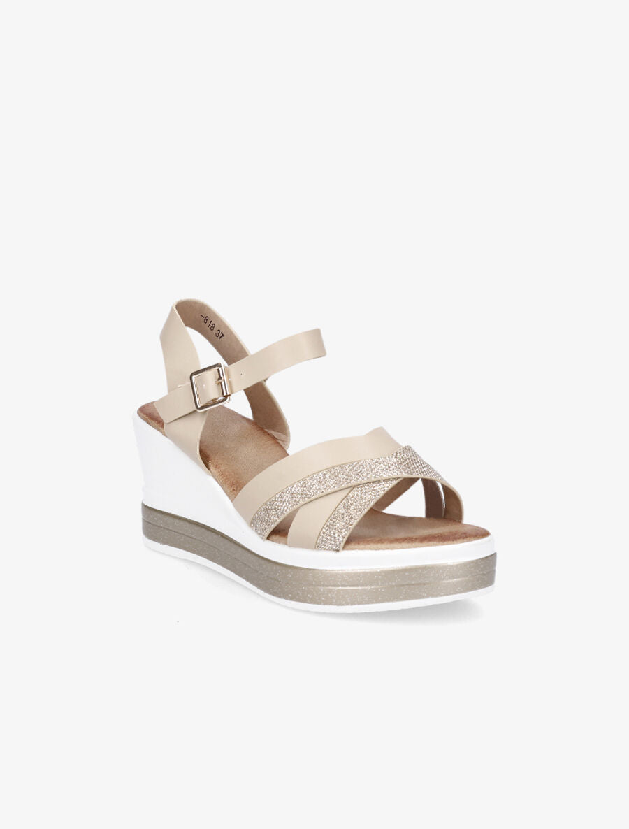 Sandales compensées en simili à ganses irisées - Beige - 2