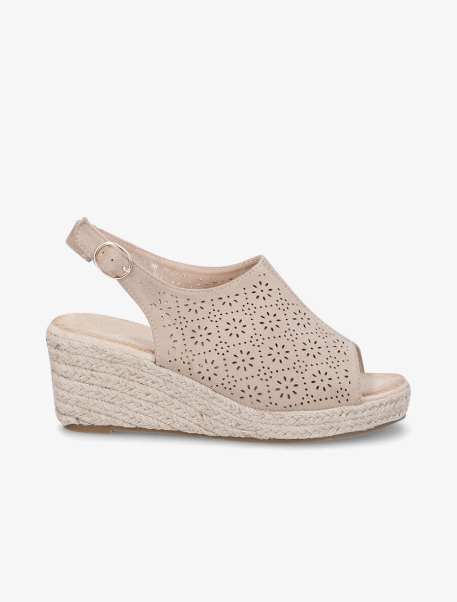 Sandales compensées en suédine ajourée - Beige - 1