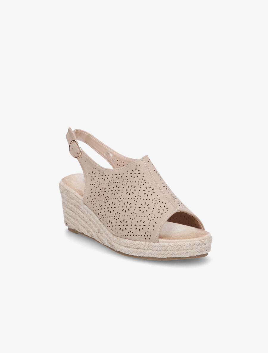Sandales compensées en suédine ajourée - Beige - 2
