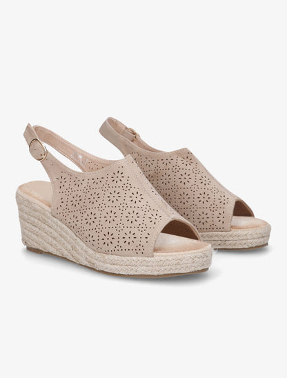 Sandales compensées en suédine ajourée - Beige - 4