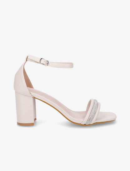 Sandales en simili à talon et brides avec strass - Beige - 1