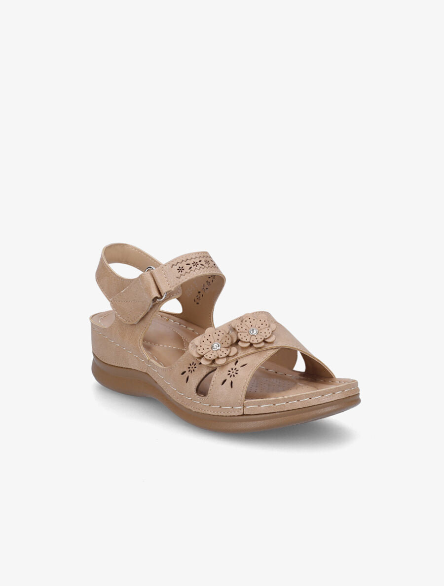 Sandales compensées à scratch et strass - Beige - 2