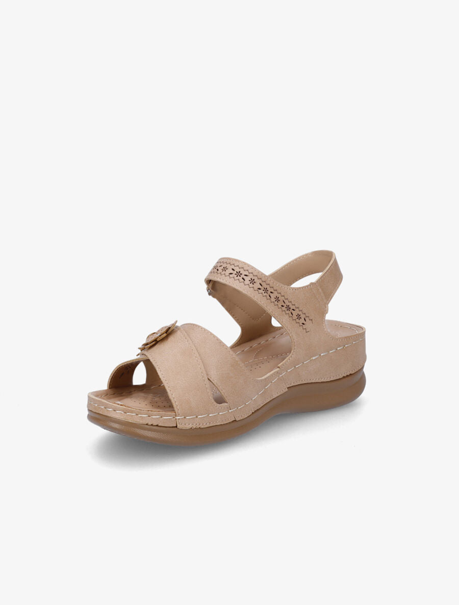 Sandales compensées à scratch et strass - Beige - 3