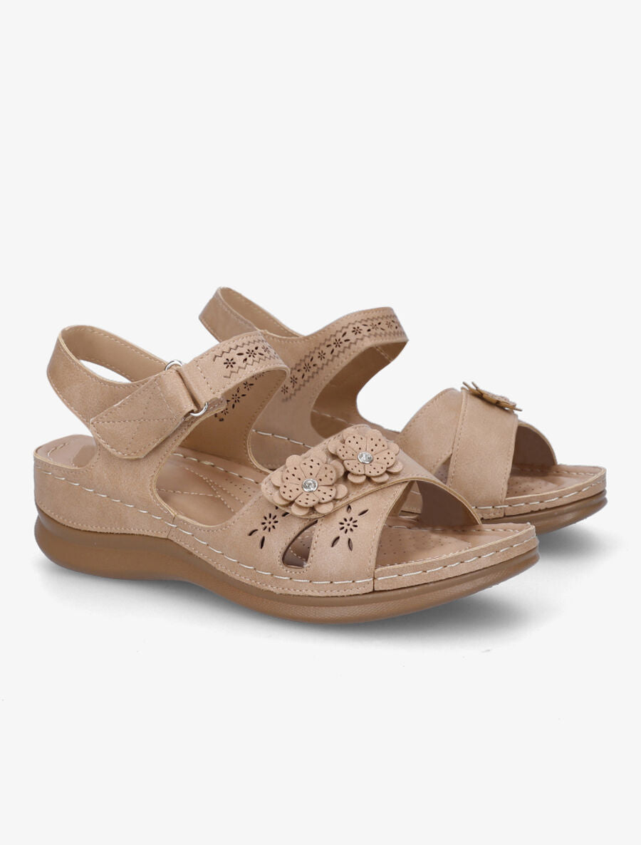Sandales compensées à scratch et strass - Beige - 4