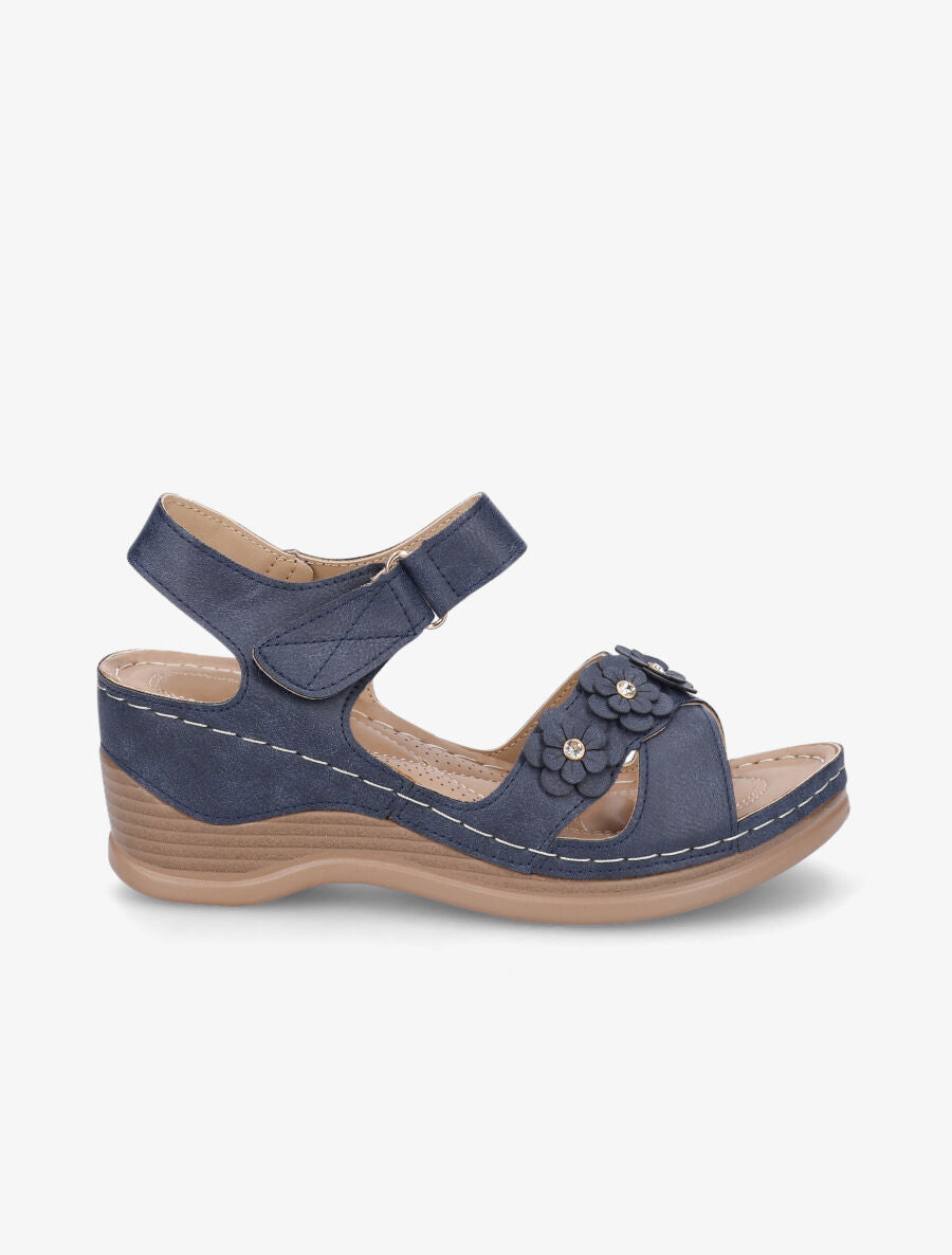 Sandales compensées à fleurs et strass - Marine - 1