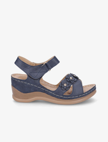 Sandales compensées à fleurs et strass - Marine - 1