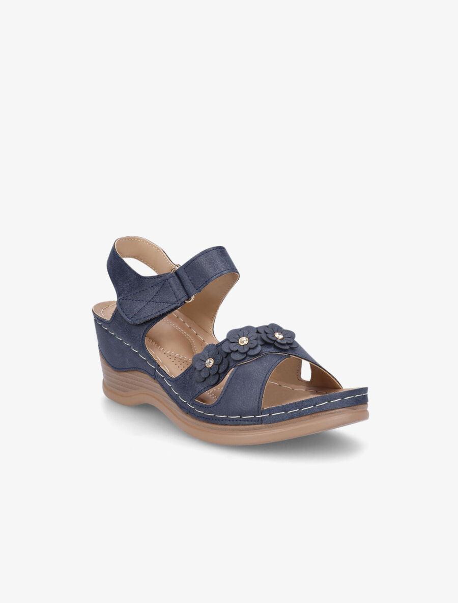 Sandales compensées à fleurs et strass - Marine - 2