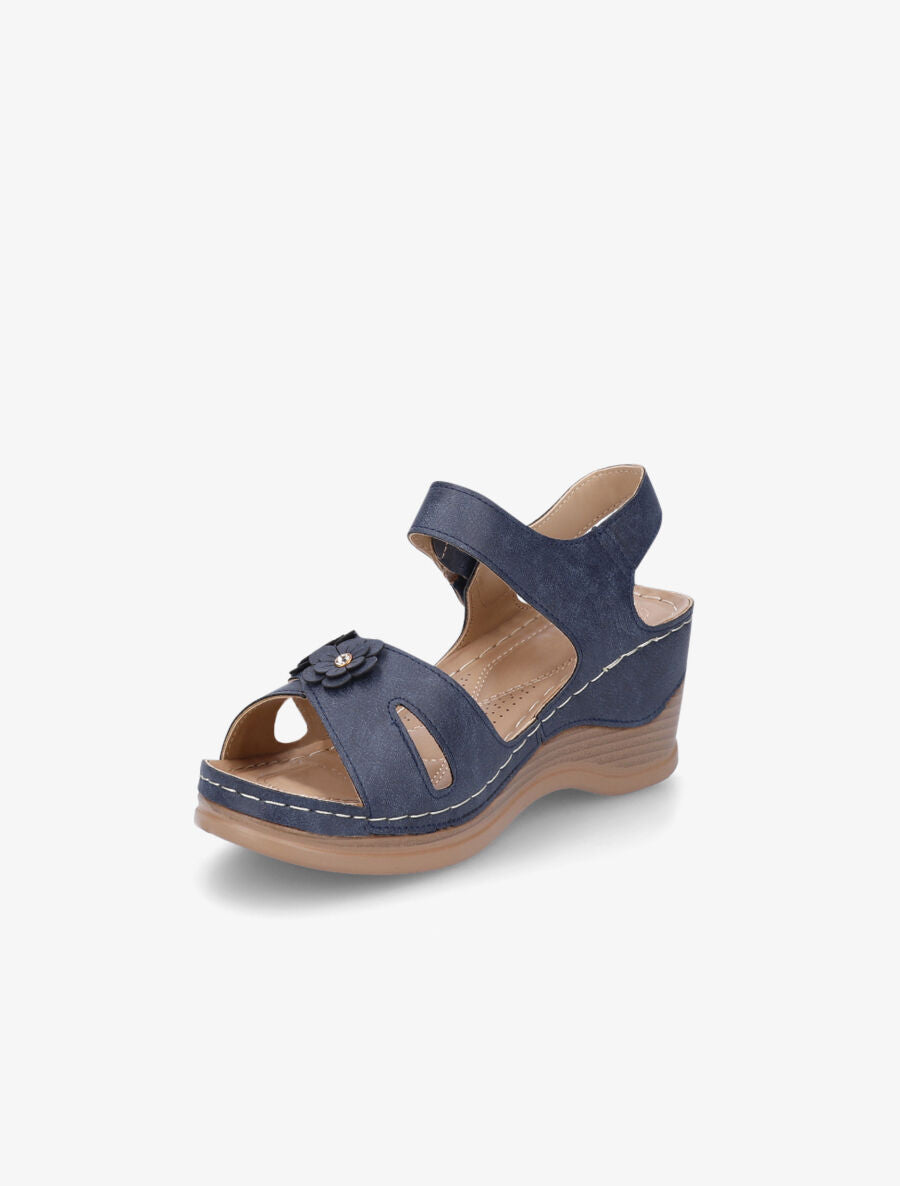 Sandales compensées à fleurs et strass - Marine - 3