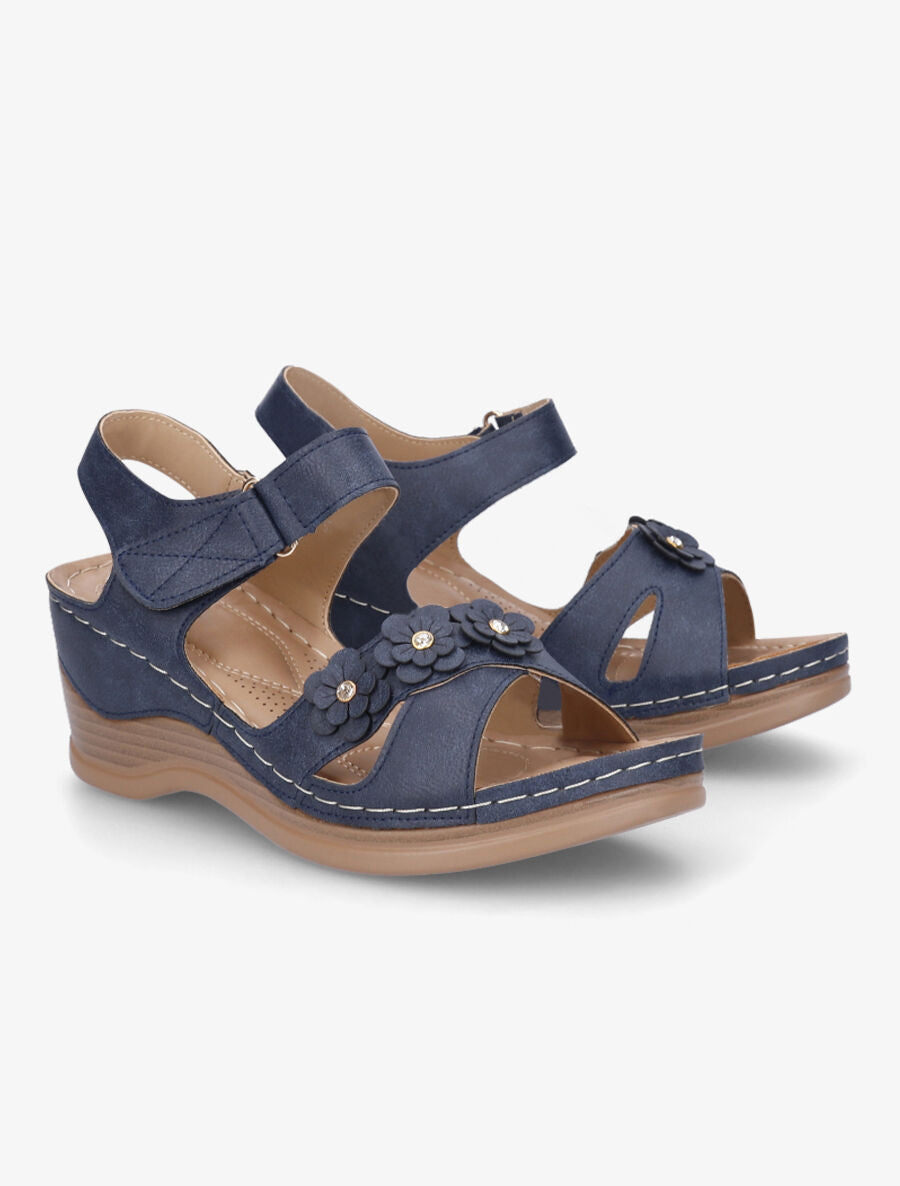 Sandales compensées à fleurs et strass - Marine - 4