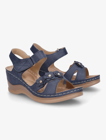 Sandales compensées à fleurs et strass - Marine - 4