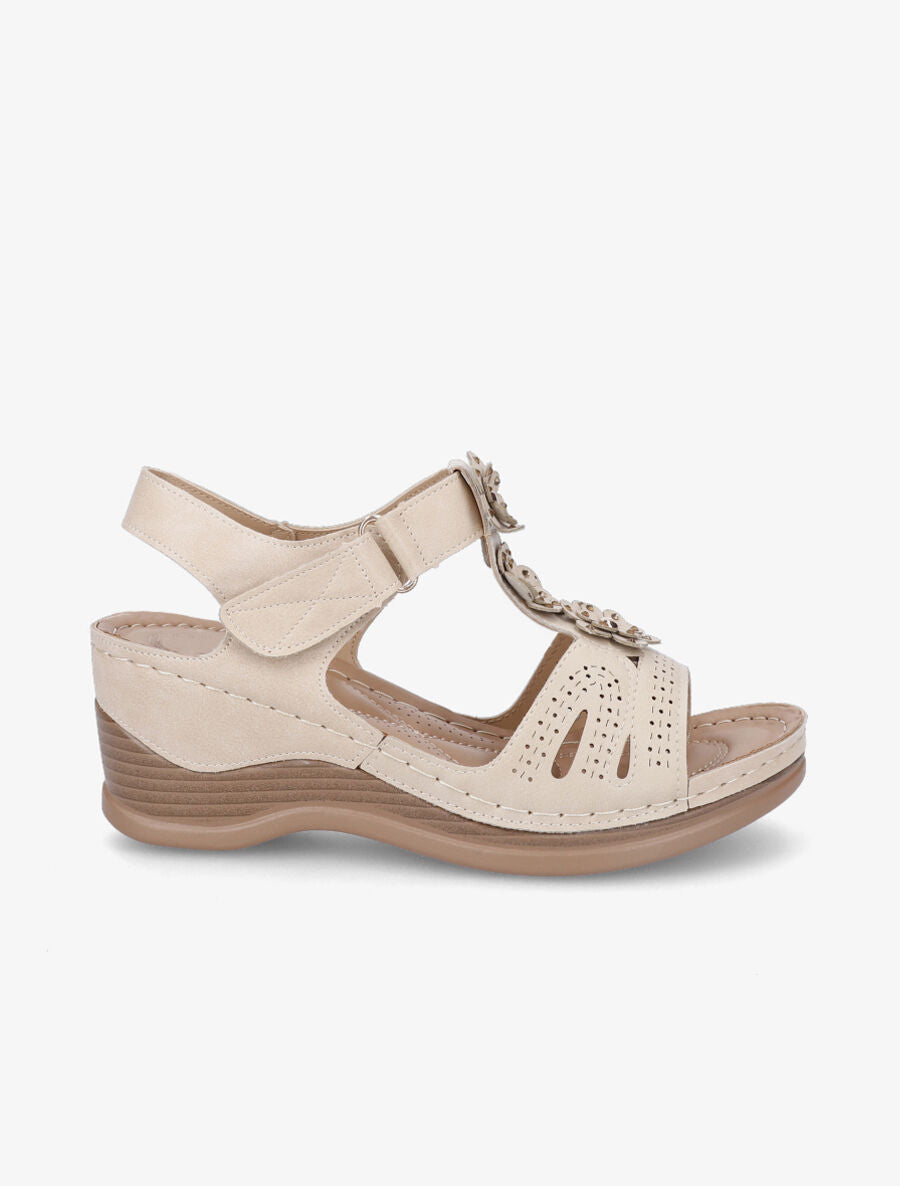 Sandales compensées à fleurs - Beige - 1