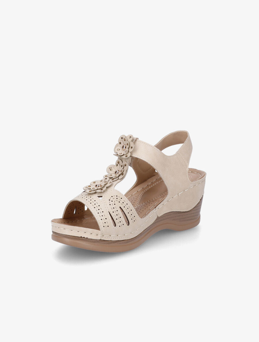 Sandales compensées à fleurs - Beige - 3