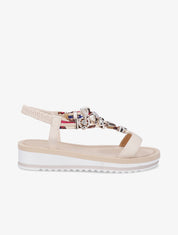 Nu-pieds en simili imprimés et détail bijoux - Beige - 1