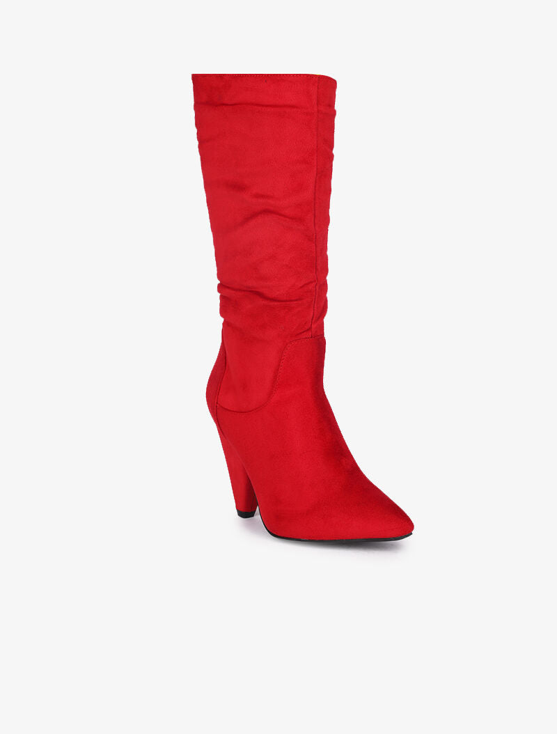 Bottes plissées en suédine à talons triangle - Rouge - 2