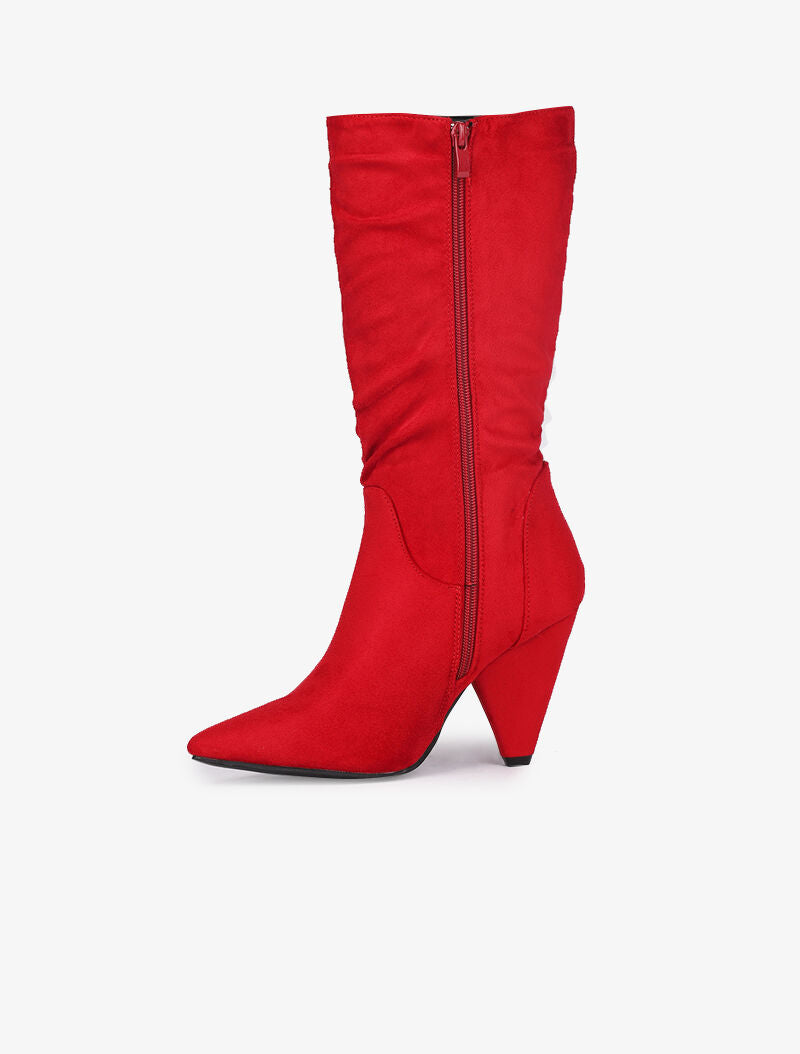 Bottes plissées en suédine à talons triangle - Rouge - 3