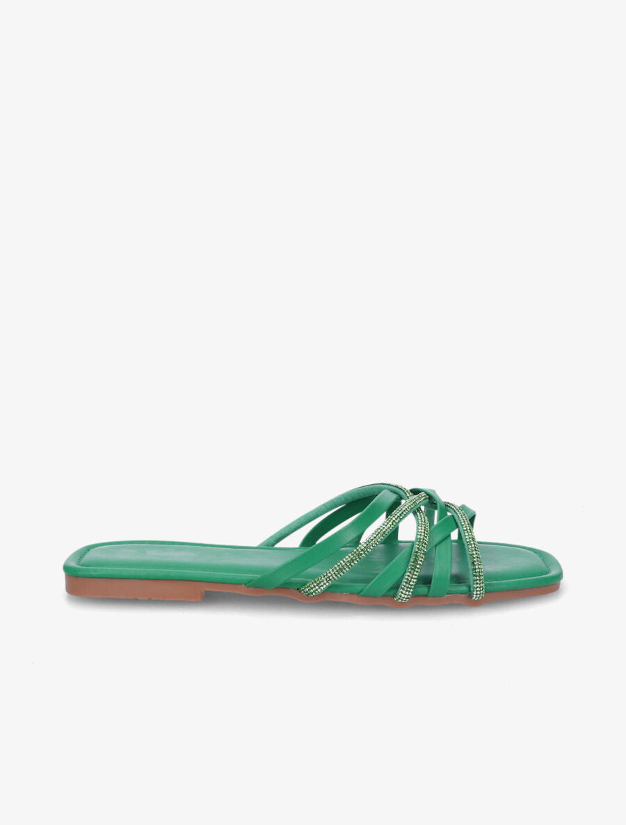 Claquettes à brides entrelacées et strassées - Vert - 1