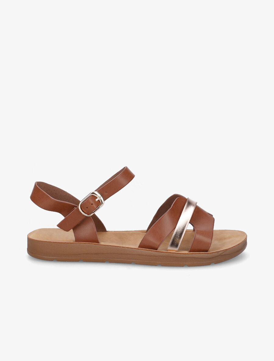 Nu-pieds en simili à ganses bicolores - Camel - 1