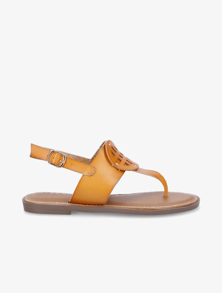 Nu pieds en simili à empiècement rond - Jaune moutarde - 1