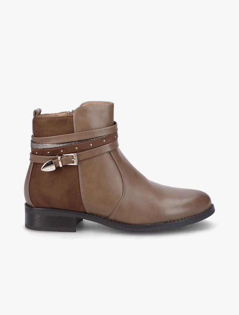 Bottines plates en simili et suédine - Marron - 2