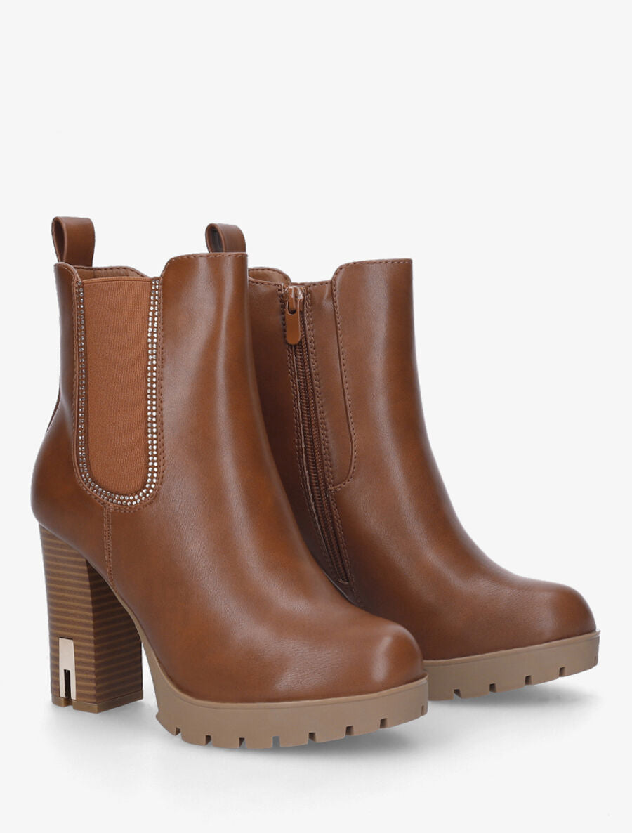 Bottines en simili à talon haut et strass - Camel - 4