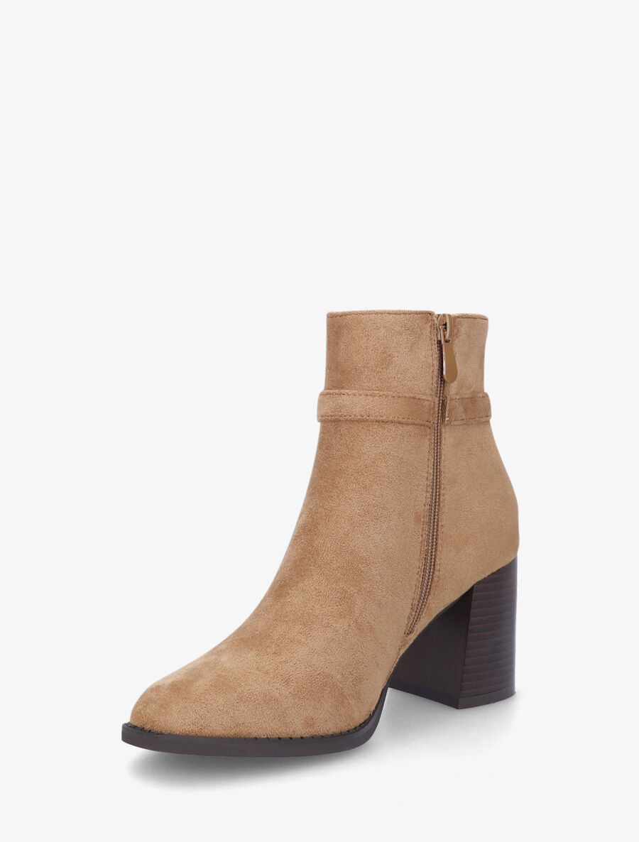 Bottines en suédine à talon et boucle - Camel - 3