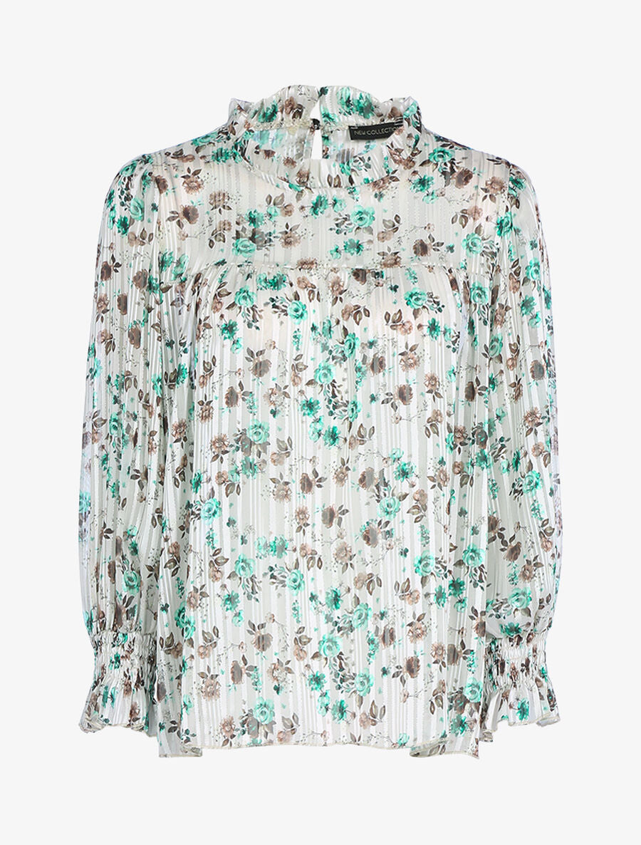Blouse fleurie à encolure volantée - Beige - 1